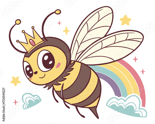 A funny cartoon bumblebee insect with a happy smile is flying near a yellow flower in this cute vector illustration