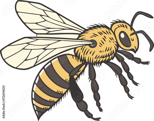 A cute cartoon bee flying with honey on a white background is a fun vector illustration of a yellow insect