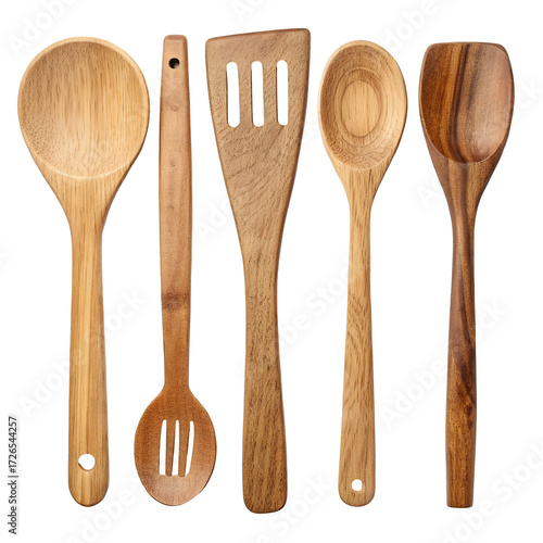 Assortment of Wooden Kitchen Utensils Lined Up on a Black Background wooden spoons cooking tools