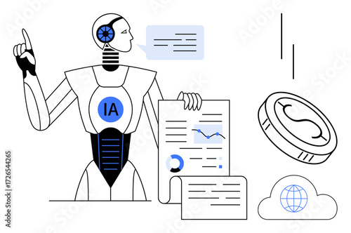 AI robot interacting with graphs, documents, and chat bubbles, symbolizing automation, data analysis, and connectivity. Ideal for AI, tech, finance innovation communication automation future