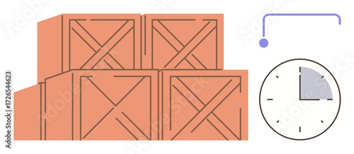 Stacked wooden crates and timing clock highlighting efficient organization, shipment management, and time-sensitive operations. Ideal for logistics, supply chain, planning, transport, productivity