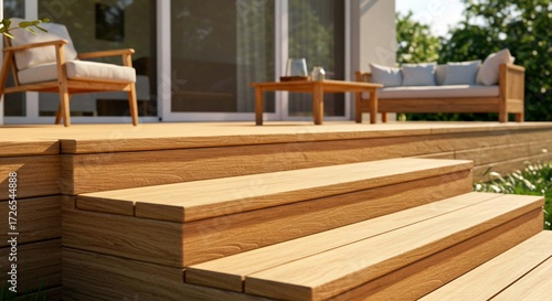 wooden benches in the park, Wooden deck steps construction detail, featuring planks and support beams. Patio area with blurred interior background. Natural wood grain, building material for home impro