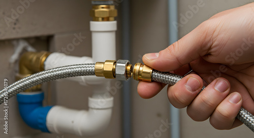 Hand connecting a flexible metal water supply line to a plumbing fixture