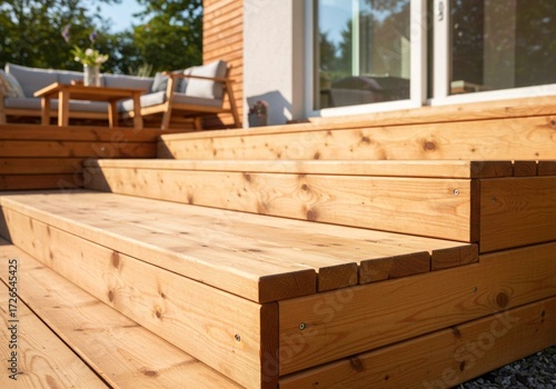 new home construction, Wooden deck steps construction detail, featuring planks and support beams. Patio area with blurred interior background. Natural wood grain, building material for home improvemen