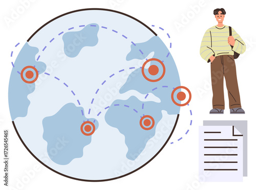 Man stands near document and globe highlighting global connections and pinpointed locations. Ideal for education, globalization, remote work, travel, communication, collaboration, international