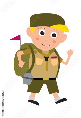 Blondie-haired Boy Scout Explorers Hiking. Editable Clip Art.