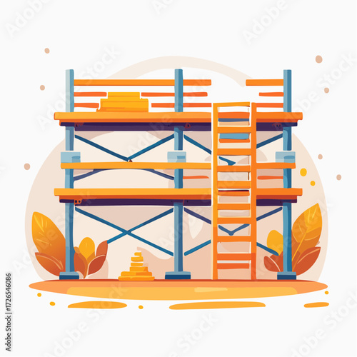 A modern flat design vector illustration of a multi-level scaffolding structure used for construction and renovation projects