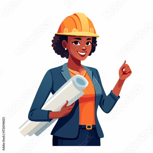 Confident African American woman engineer or architect in a hard hat, holding blueprints and gesturing, representing expertise in construction, design, and project planning
