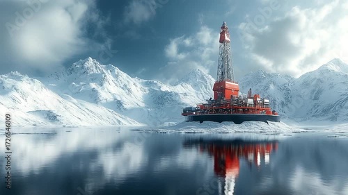 Arctic Oil Drilling Platform Amidst Frozen Snowy Mountains.