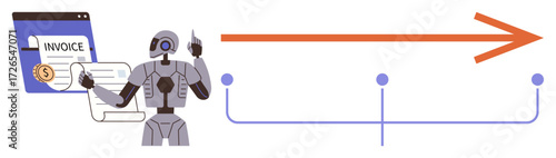 Humanoid robot managing invoice workflow, large arrow illustrating automation flow, connected nodes. Ideal for automation, robotics, innovation, efficiency, finance, AI applications digital