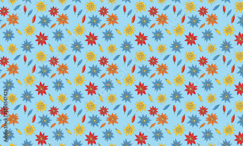 Colorful Starburst and Seed Pod Pattern on Blue Background.