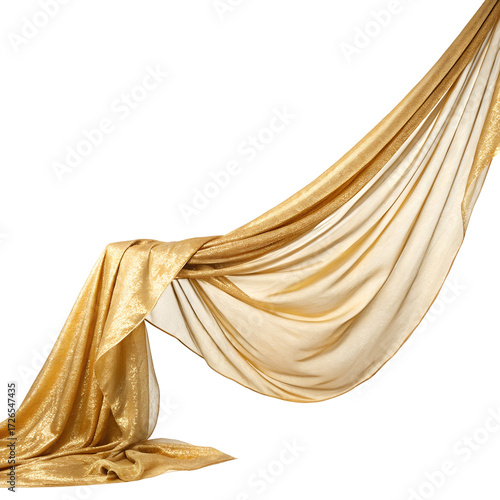 Draped Golden Fabric with Glittery Texture on Black Background Keywords: golden fabric, gold cloth, draped fabric, cloth