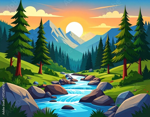 Mountain valley at sunrise. Lush landscape with a flowing river