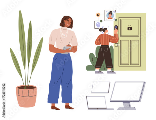 Woman jotting notes, person managing digital locks on door panel, computers, plant in background. Ideal for technology, home security, remote access, innovation, smart devices multitasking simple
