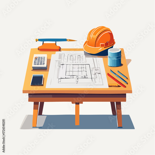 Engineer's Workplace with Architectural Blueprint and Safety Helmet on Drafting Table