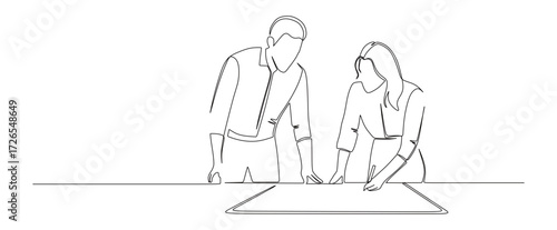continuous line art of male and female office workers checking worksheets on a desk
