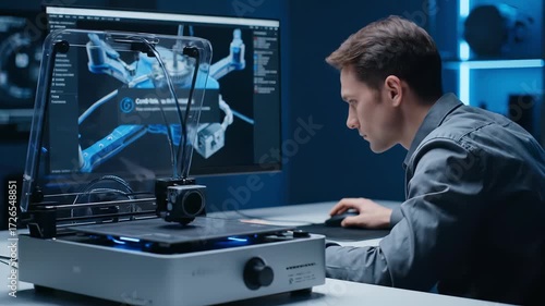A young engineer focuses on detailed 3D models of drone components while working late at night. The room glows with blue lighting, enhancing the high-tech atmosphere of creativity and innovation.
