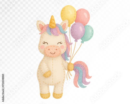 Cute felt unicorn with stitched edges, pastel rainbow mane and tail, holding colorful balloons in yellow, pink, purple and green, cozy handmade toy decoration. Watercolor vector illustration.