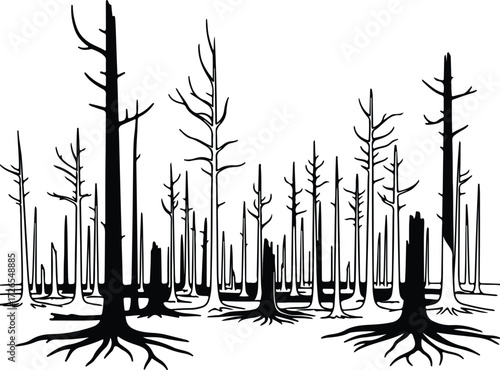 Vector Silhouetted barren trees decaying forest landscape scene silhouette Illustrator
