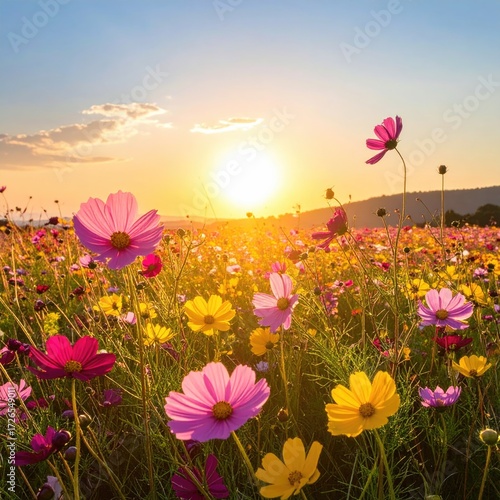 Colorful cosmos field at sunset