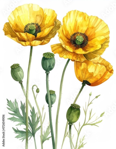 Watercolor illustration of bright yellow poppies