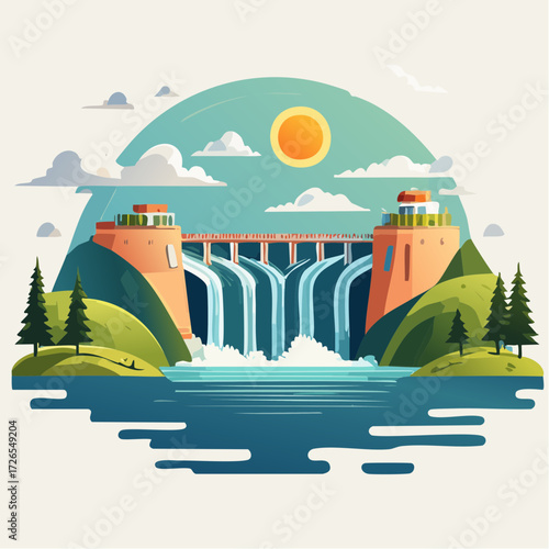 A vibrant illustration of a hydroelectric dam harnessing the power of water for clean, renewable energy generation in a scenic natural landscape