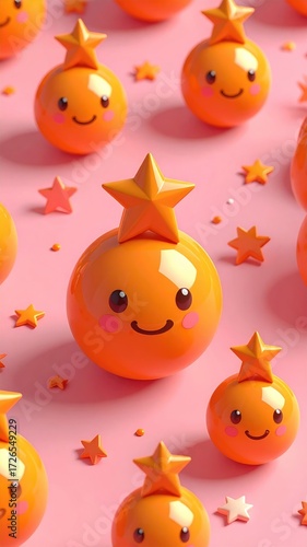 Cute orange spheres with star toppers on a pink background