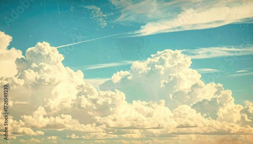 A vintage-toned, panoramic view of a summer sky filled with fluffy clouds