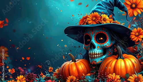 A vibrant depiction of a sugar skull witch with pumpkins and flowers
