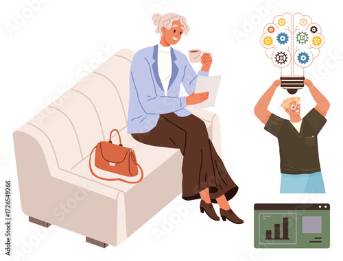 Woman sitting on sofa with coffee and tablet, man holding light bulb with gears, and data chart on screen. Ideal for innovation, teamwork, productivity, leadership, strategy, creativity and success