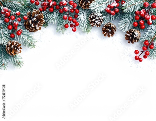Festive Christmas border with pine branches, pine cones, and red berries
