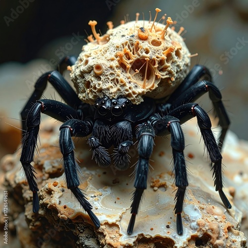 Close-up of a spider with a unique fungal growth