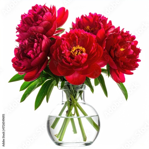 A vibrant bouquet of deep red peonies in a clear vase