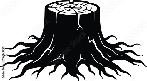 Vector Tree stump with roots black and white silhouette Illustrator