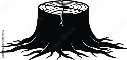 Vector Tree stump with roots black silhouette Illustrator