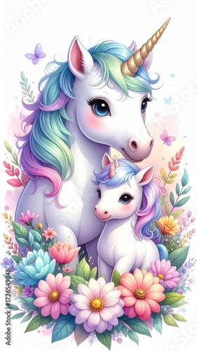 Cute unicorn and foal surrounded by flowers