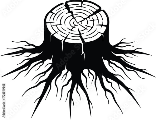 Vector Tree stump with roots black silhouette Illustrator