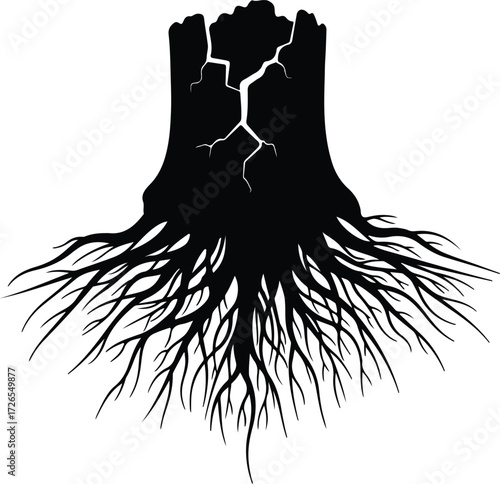 Vector Tree stump with roots cracked silhouette Illustrator