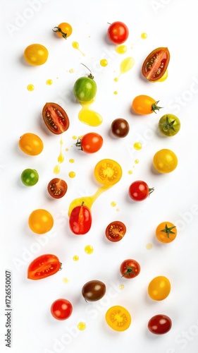 Colorful cherry tomatoes in various hues, arranged artistically with splashes of yellow liquid