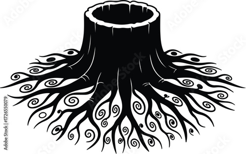Vector tree stump with roots silhouette Illustrator