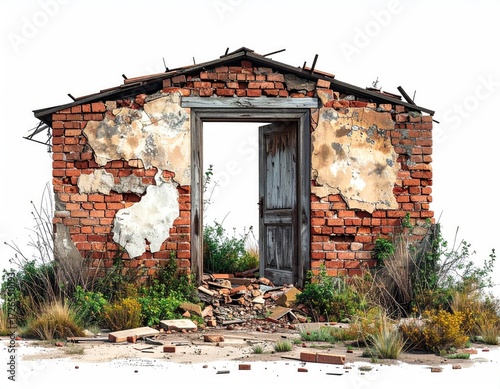 A dilapidated brick building with an open doorway