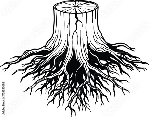 Vector Tree stump with roots on a white background silhouette Illustrator