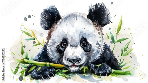 Whimsical Watercolor Panda Enjoying Bamboo