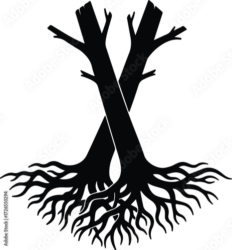 Vector Two intertwined trees trunks with roots silhouette Illustrator