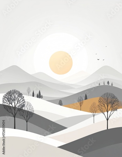 A serene winter landscape, with muted colors and simple shapes