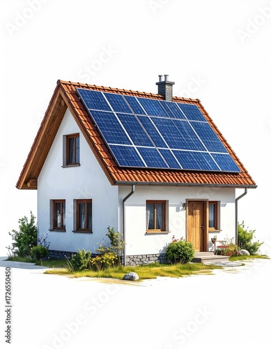 A small house with solar panels on the roof