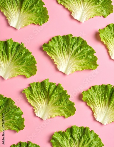 Fresh lettuce leaves arranged in a symmetrical pattern on a pink background