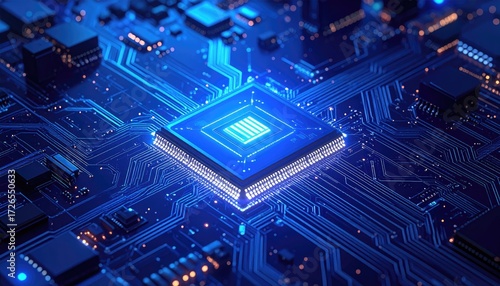 Close-up of a glowing computer chip on a circuit board