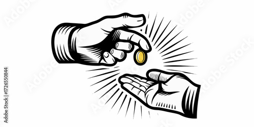Stylized illustration of one hand dropping a gold coin into another open palm with radiating lines