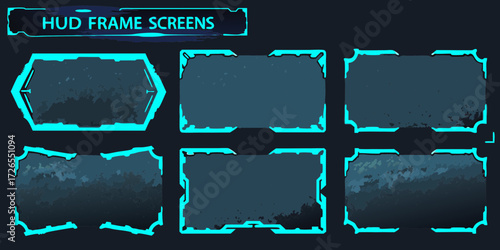 Futuristic sci fi hud frame screens with neon blue edges and textured backgrounds